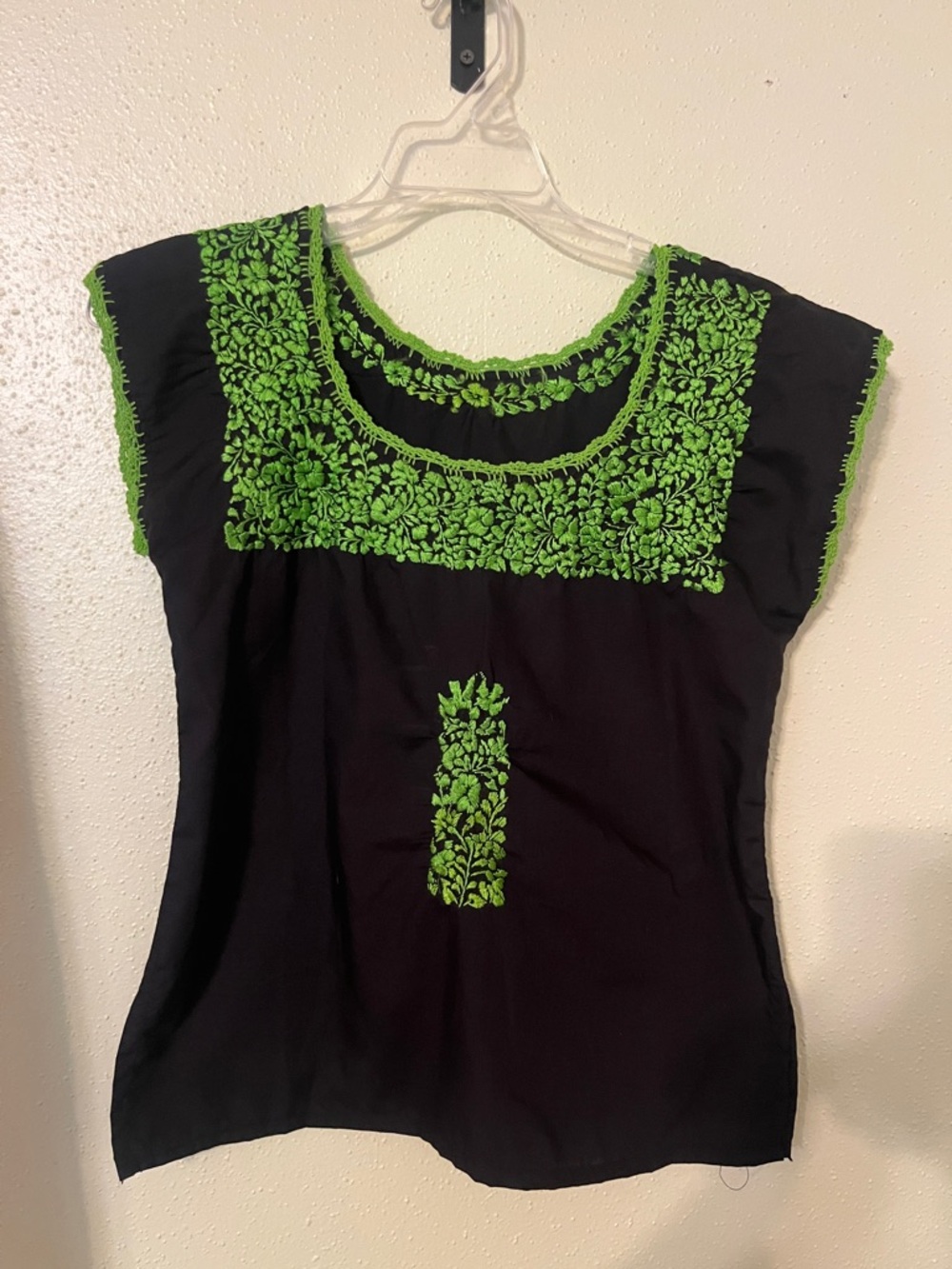 Embroidered Peasant Square-Neck Women’s Top - Black with Green Floral Accents